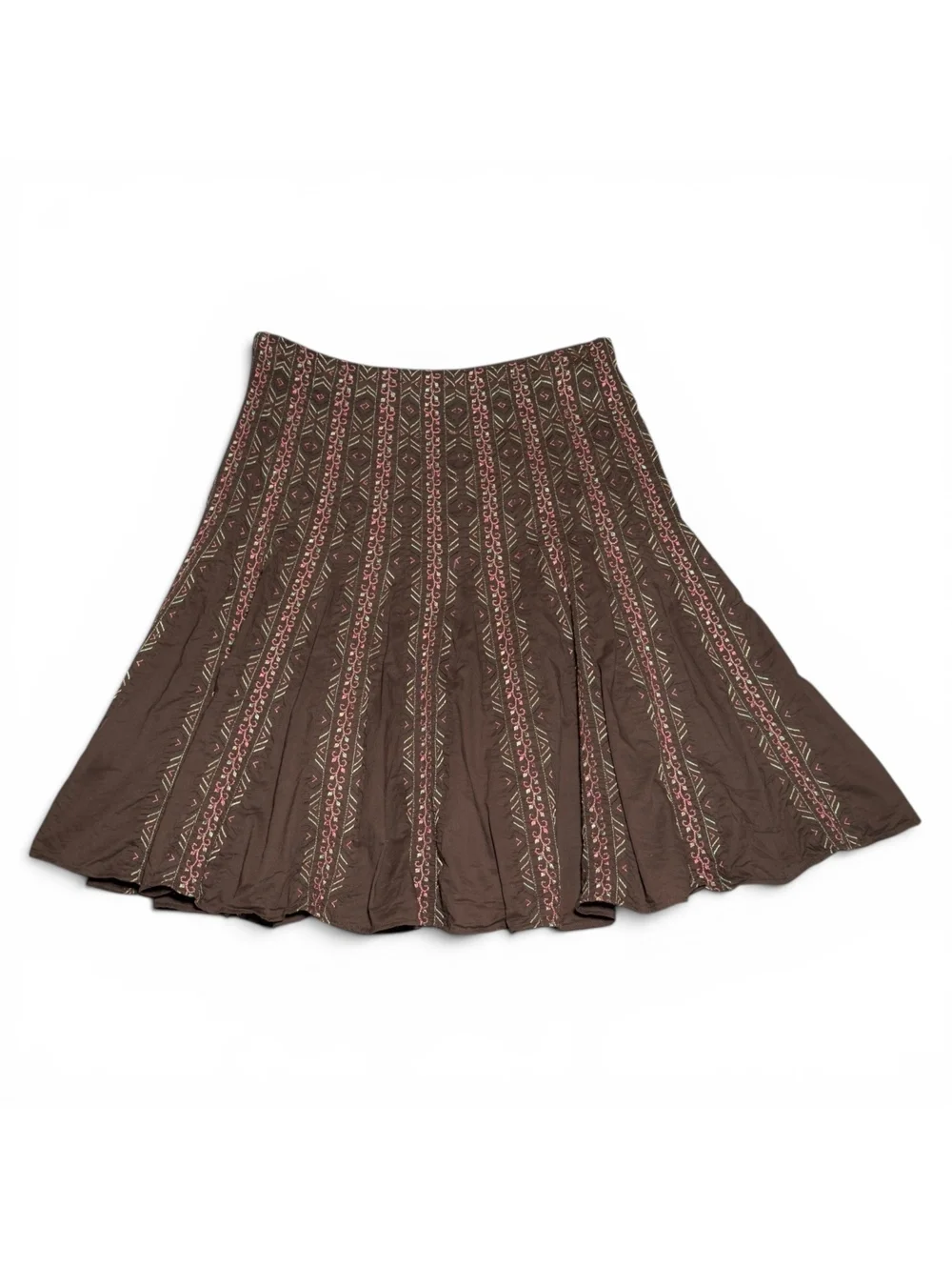 Vintage Silkland Brown Cotton Boho A-Line Skirt with Patterned Stripes Size 12